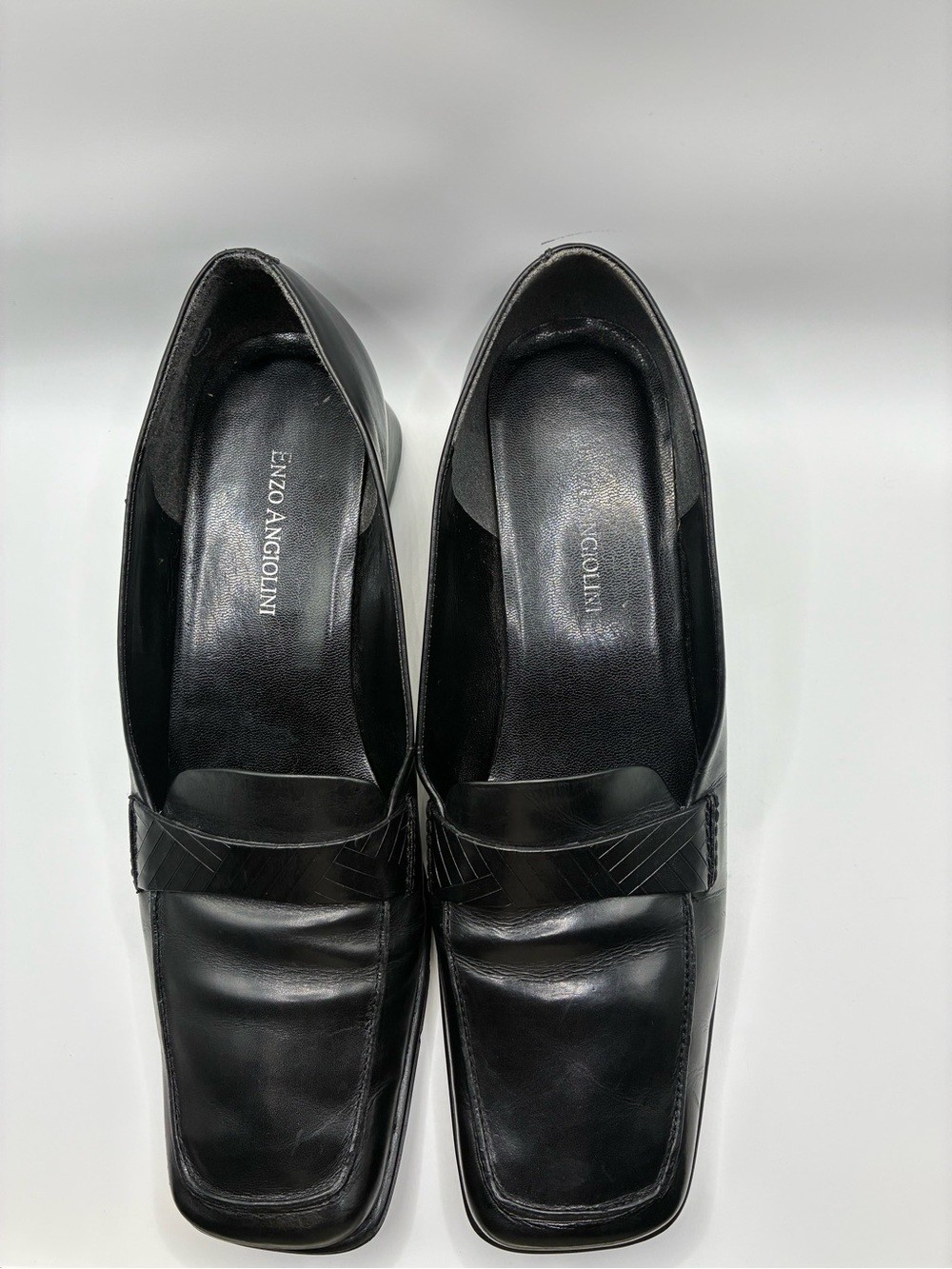 Enzo Angiolini Black Leather Square-Toe Heels